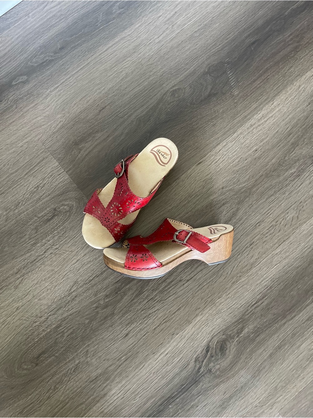Dansko Sapphire Red Laser Cut Leather Wedge Sandals